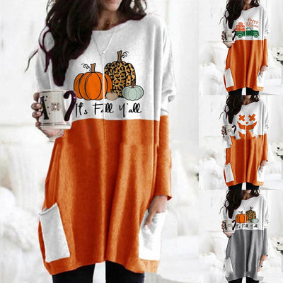 Adorable COZY Pumpkin Halloween Long Sleeve Pocket Dress